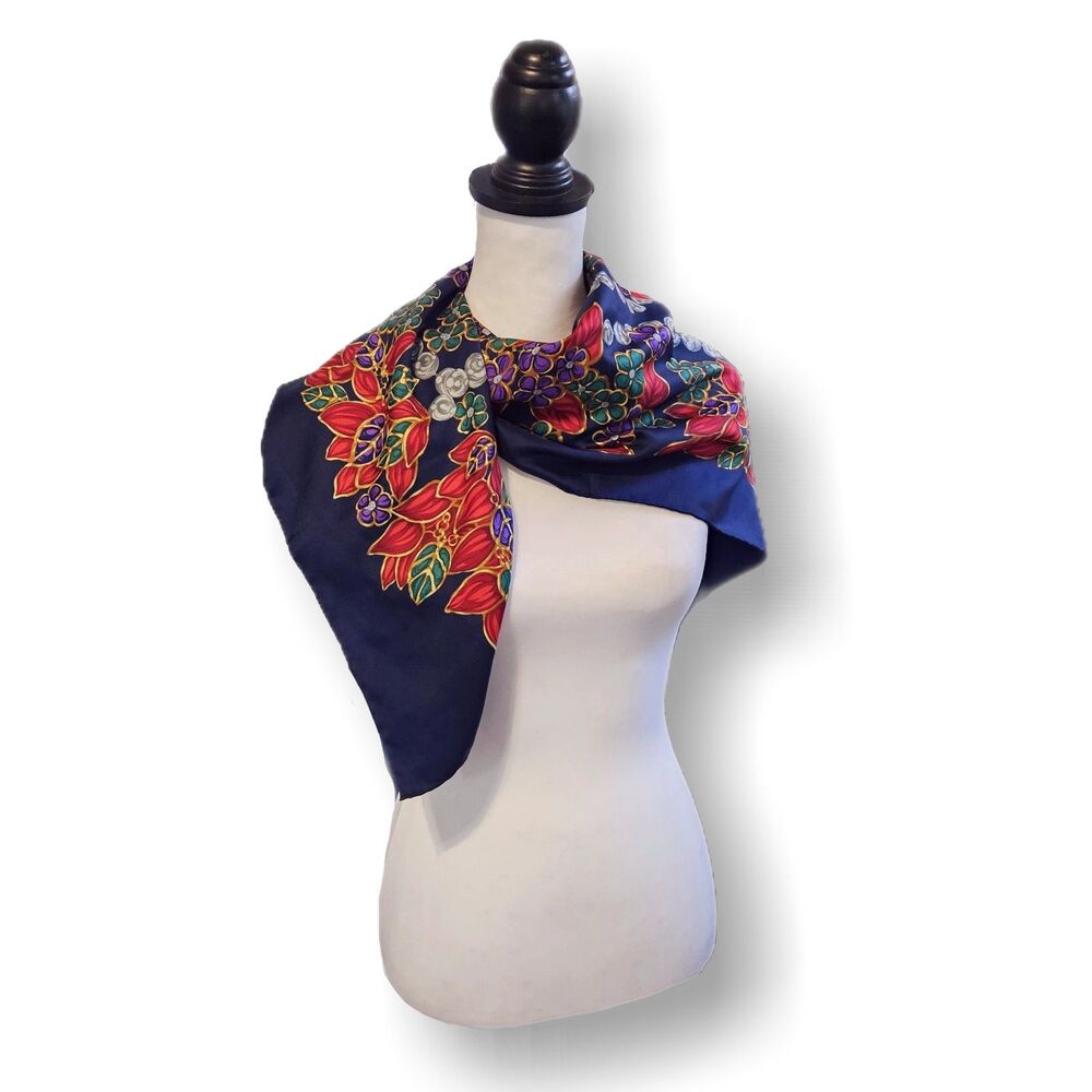 Chanel (Authentic) Multicolor Jewel Floral Print Large Silk Scarf w/ Tag VGUC - Picture 8 of 8